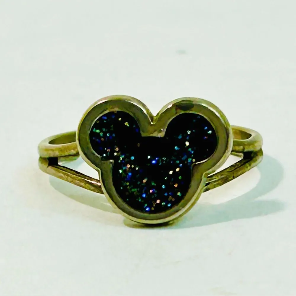 Disney Mickey Mouse Silver Tone Black Glitter Mouse Ears Ring Adjustable